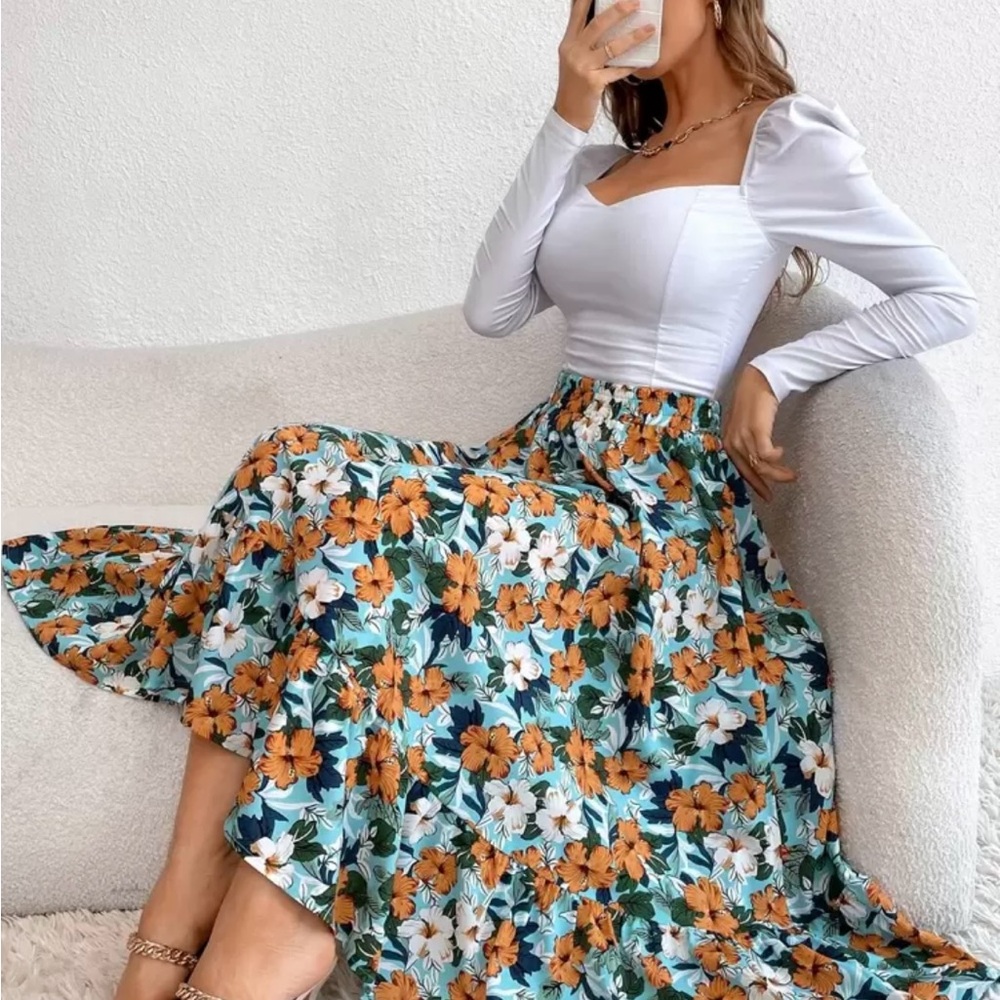 Shein - Blue and Brown Tiered A-Line Maxi Skirt